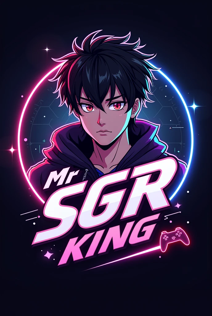 This is a gaming logo that features the name "MR SGR KING" in a futuristic font and a neon Golden colour. and Boy Anime avtar, The logo also has a stylized controller icon. The logo designed to be attractive and eye-catching, and to appeal to gaming enthusiasts and YouTube viewing