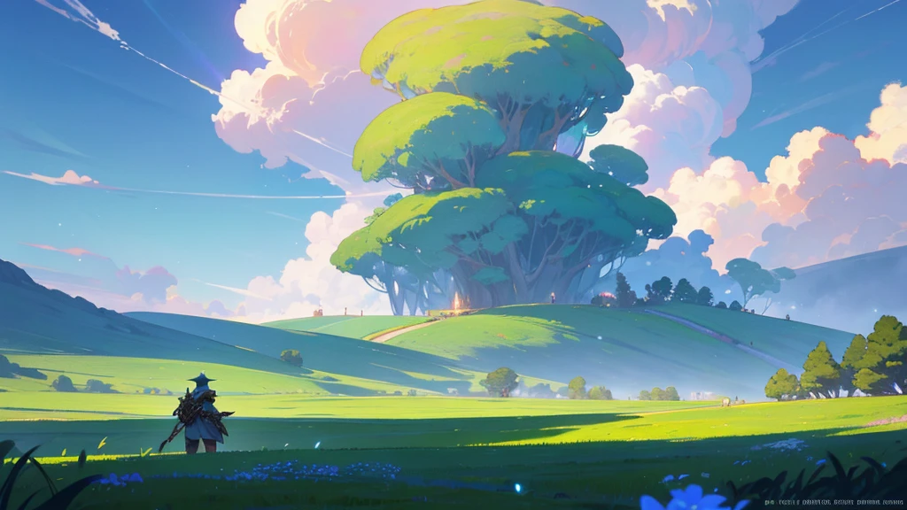 "A lonely hero, like a fantasy warrior, stands in a bright green field. There are many clouds in the beautiful blue sky. The atmosphere is mystical and grandiose. This scene should evoke a sense of adventure and wonder, much like a classic fantasy video game.",8K