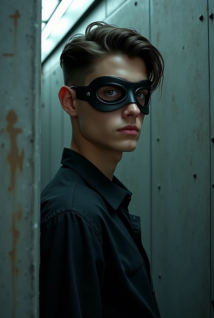 Creat ultra realistic picture where a boy He wears a black shirt And a mask his look is so attractive and handsome his eyes style is cat eyes style. the background feature is Cyber style area and wall