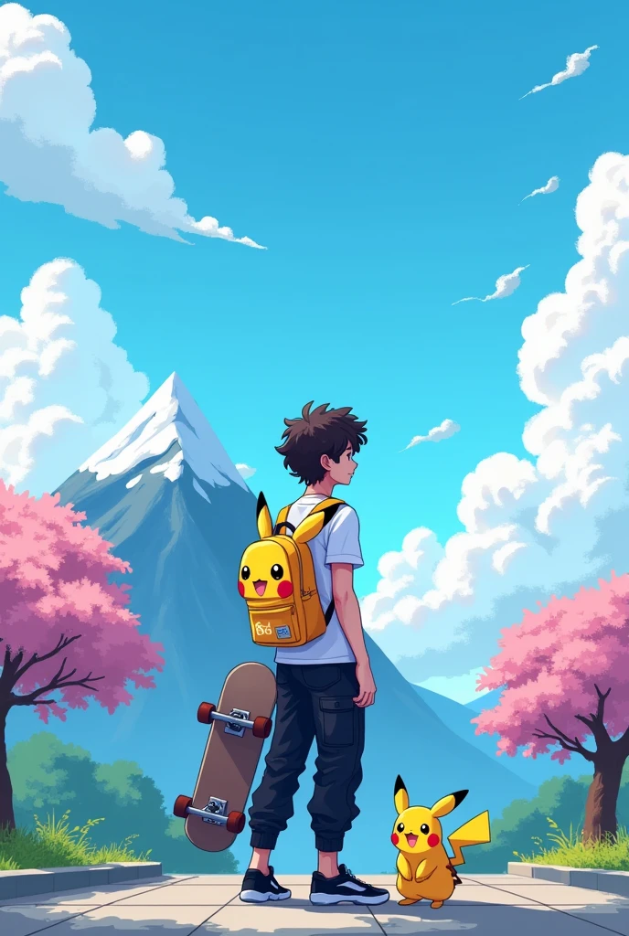 YouTube channel banner,theme pixelated blue sky with clouds,and a guy with curly hair,black cargo pants,white t shirt with a ganger Pokemon backpack.angle is the character in middle photo taken from back side and about 8feet away,more back and a little higher altitude make the angle more back and a Pikachu backpack make it more farr make the character straight and make the image atleast 20 feet away make the backpack a little small and expand the image with a mountain with some snow on top on the left side and a blossom tree at right side make it pixelated and a Pikachu backpack and black Jordan shoes,shoes is solid black make the Pikachu smiling and more cute and he has a skateboard in his left hand,make the skateboard matching to the environment 