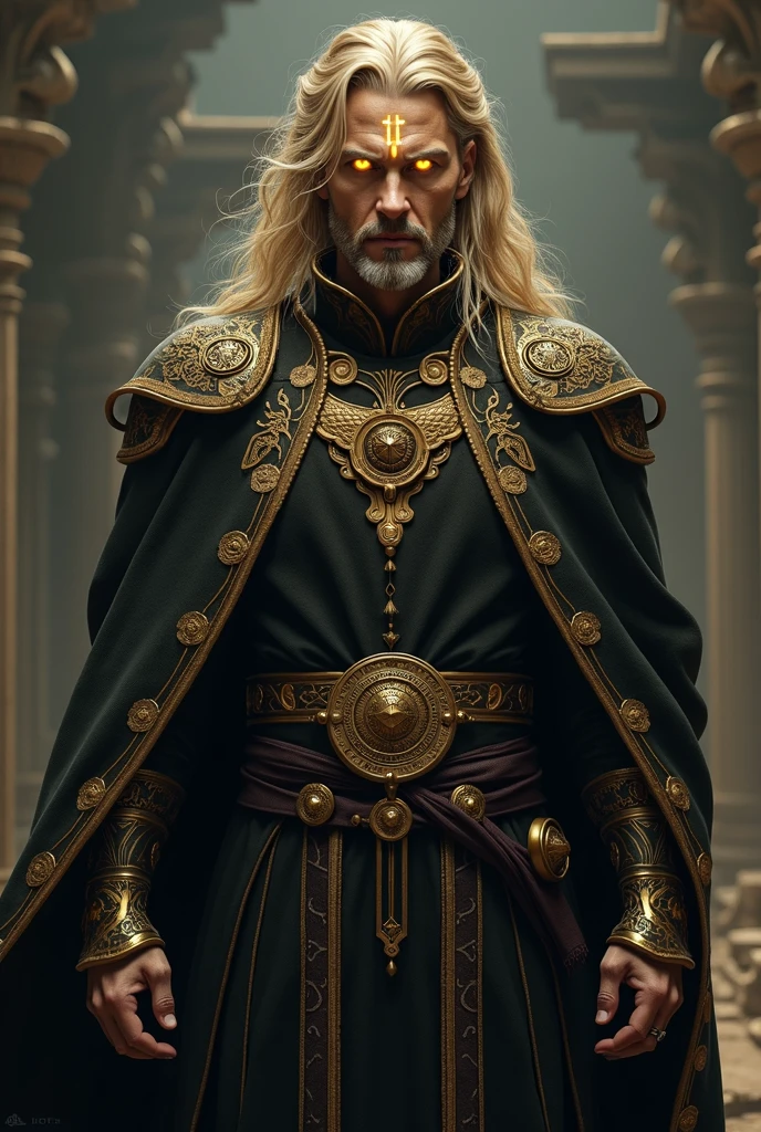 Imagine a majestic and mysterious male figure, with glowing mark on his forehead, piercing yellow eyes and golden hair that falls to his broad shoulders. His chiseled features and strong jawline convey a sense of power and intensity, while his subtle smile hints at a deep wisdom and knowledge. He wears a long, dark coat with intricate golden trim, adorned with symbols of ancient mythology. His presence is commanding and awe-inspiring, exuding a sense of ancient wisdom, mysticism, and untold stories.