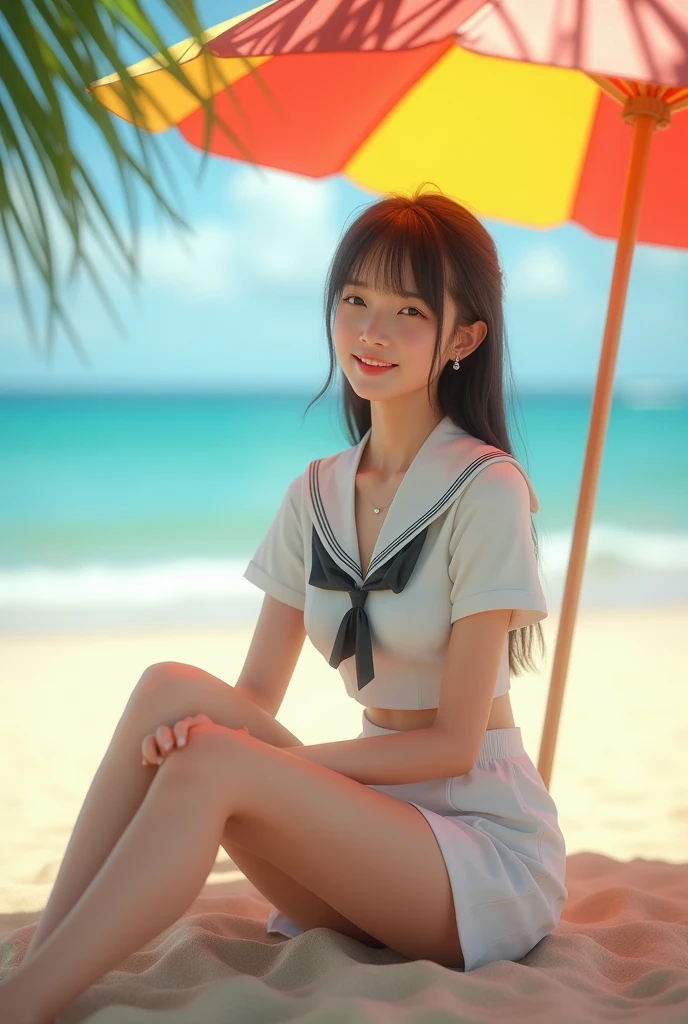 A Japanese woman sitting with her legs in an M-shape under a beach umbrella on the sand.、She is wearing a small, stylish, thin, white Japanese sailor uniform.、High resolution, masterpiece, Accurate, Anatomically correct, 最高quality, Attention to detail, High resolutionモデル, 高quality, quality, Very detailed, Textured skin, 超High resolution, Shortcuts, smile, Valletta, 8k octane, 3D Rendering, 