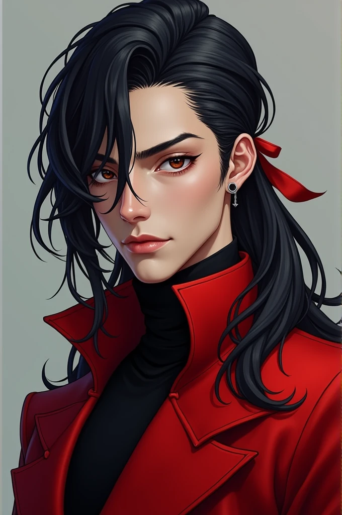 Long black hair, half tied up, natural loose bangs, wearing red costume, male beautiful.