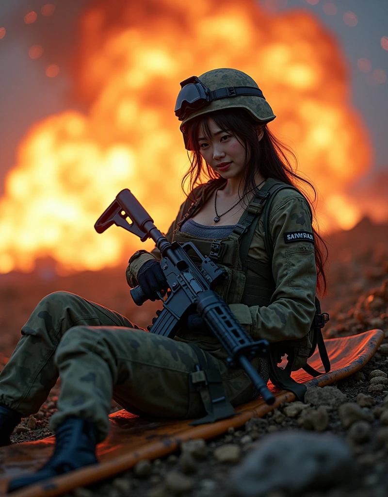 Photo-realistic, ultra-realistic, (very beautiful Japanese, famous Japanese idol:1.3), (Fully equipped for battle:1.5), holding m4a1 large assault rifle, (amazing view of massive explosion:1), (painful impressions, crying:1.3), (wearing an army soldier's Camouflage outfits with military helmet:1.5), (at a battle field of Abandoned Building at night), very large breasts, (tactical vest, military harness:1.3), (military long boots:1), dynamic angle, spectacular, (injured, lying on a stretcher:1.3), (muddied, damaged wears, damaged body:1.3),