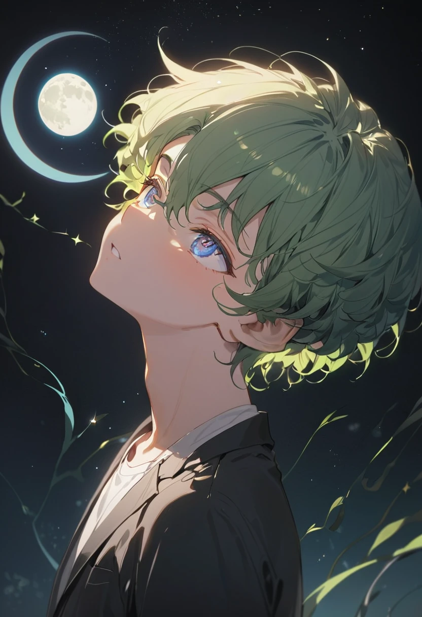 1 young boy,white shirts, black jacket, black pants,green hair,short hair, curly hair,from side, looking above, blue eyes,narrow eye, grow starry sky,cresent moon,at night,cold light, blue tone,masterpiece,best quality, ultra detail, beautiful eyes,perfect hand,