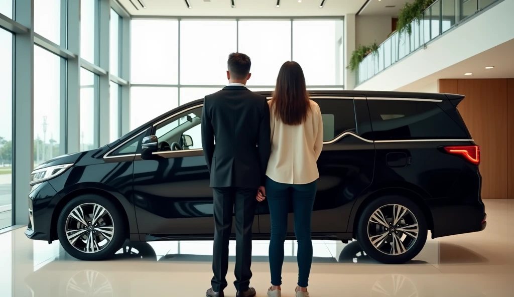 A married couple stands with their backs to the camera next to a black luxury Voyah minivan in a car showroom, full body