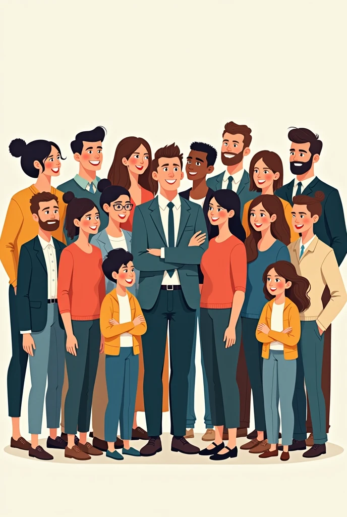 Create a very easy cartoon drawing of A large, diverse group of people working together, with the government person in the center. Without color and easy to draw better