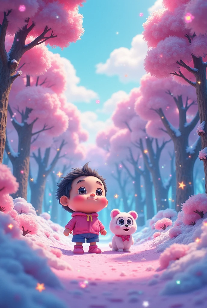 Wabi Shin-chan and his dog 、noob、(Fluorescent Color:1.4)、(translucent:1.4)、(Retro filter:1.4)、(fantasy:1.4)、Candy world Disney fantasy fluffy soft scenery forest snow avatar pink sky green blue glow dreamy lights soft soft glow rainbow stars diamond glitter gem background surreal ultra hd movie lighting huge details full hd full light、