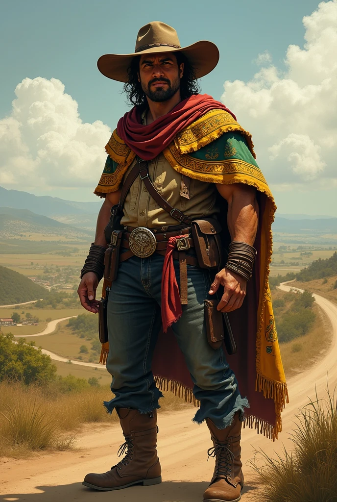 Create the image of a superhero in country clothes, with details of the cangaço