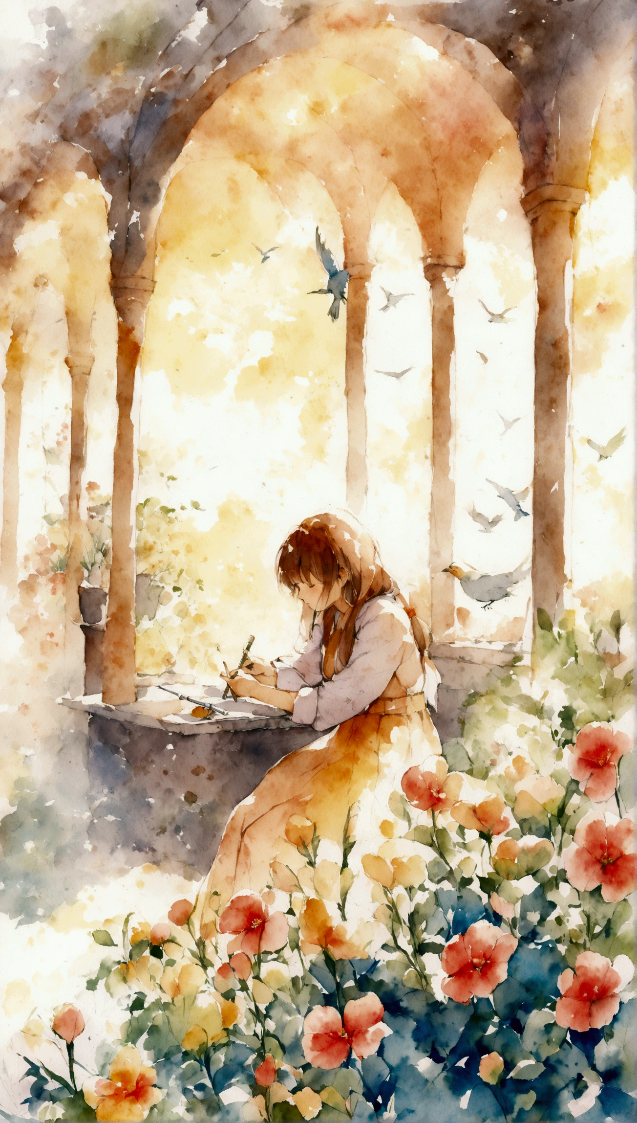Flute player Drawing, Watercolor Colors.