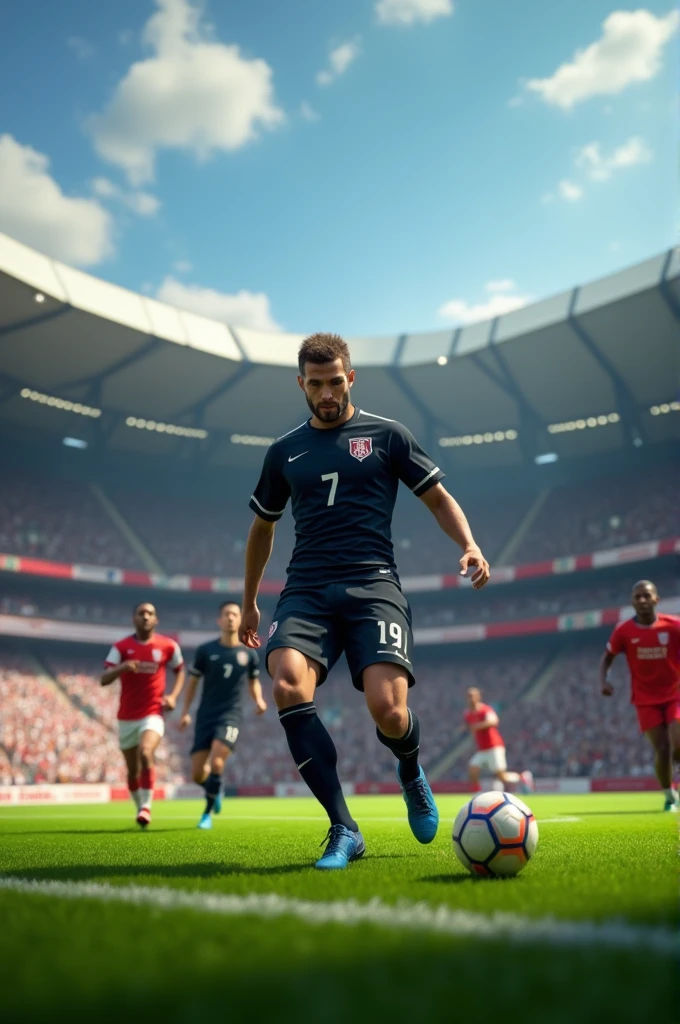 A man playing football in stadium with other players the man wearing black gersy no.7