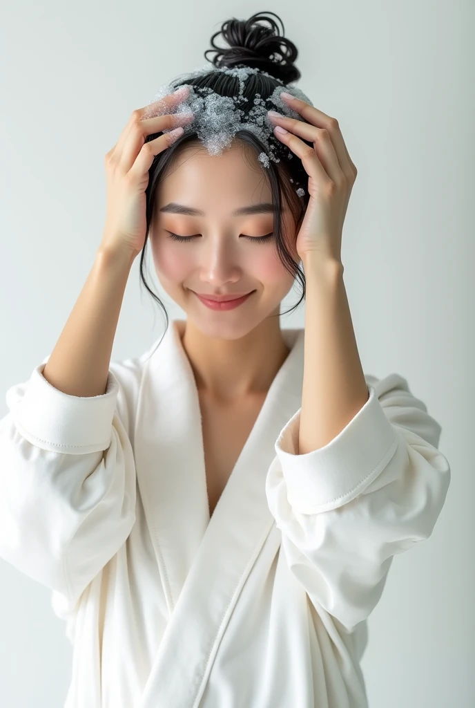 Create an Asian beauty,Regular facial features,Wearing a white satin bathrobe,Scratching the scalp with both hands,Two hands washing hair on top of head,There is a lot of foam and water on the head,Foam wrap head,Real bubbles,The expression is happy,Upper Body,The characters are realistic and realistic,Pure white background,Character front position,9:16 frames,Ultra-high-definition picture quality