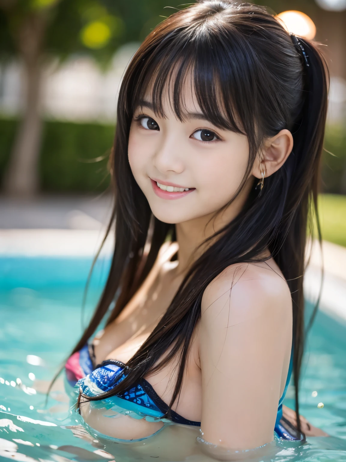 (Best-quality, Masterpiece, Ultra-High-Resolution, (Photorealistic:1.4), Raw Photo, depth of field, professional lighting), (1girl, the most famous Japanese idol, having fun at pool), (((innocent smile))), ((((extremely cute babyish-face))), (((extremely cute big-black-eyes))), (((extremely realistic beautiful-skins))))