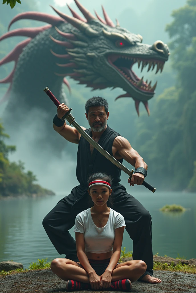 very detailed and realistic photo, HD quality, 4K, a man expert in traditional Javanese Indonesian martial arts. 50 years old, sturdy body slightly muscular, short black hair, position facing the camera, with a horse stance, right hand holding a shining sword and left hand clenched crossed in front of the chest, wearing a white t-shirt, black pants and traditional Javanese shoes, in a front of lake half day full of mystical nuances there is white smoke, behind the person's standing position there is an angry exotic dragon, showing the dragon moves demonstrated by the martial arts expert. A young Indonesian girl FACING THE CAMERA, appears, clean smooth skin, loose black hair with a red and white Indonesia Flag headband wearing a tight white t-shirt and sexy short bottoms wearing traditional Javanese Indonesian shoes sitting half cross-legged in front of the martial arts expert. There is a sign of Red White Indonesia Flag and clerly read " Silat Indonesia " ,make it in detail and very complicated and very clear, realistic and sharp.