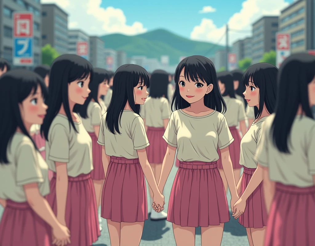 (((((Japanese Clone-girls=Myself))))), (((Super Best Perfect Clone-girls Raw Photography Art))), (((16K, Highest quality, Ultra-high resolution, Real Photography, RAW quality))), (((It's so unrealistic., An astonishing world view, With an unfathomable sight, In an out-of-this-world situation, In a world where Myself Clone-girls are multiplying in large numbers, Ultra-realistic, Delusion))), (((Japanese Girls, Saito-Asuka, 18yo, Small face, Thick black hair, Semi-long hair, Dark Eyes, Mature face, Cute Smile, Smiling face, A gentle gaze, (((Very happy laughter)))))), (((Very beautiful detailed girls, Accurate body structure, Accurate body movements, Very detailed body, (((Big Breasts, J-Cup)))))), (((Summer Girls' School Uniform, Light beige short-sleeved shirt, I can see the cleavage, Emphasise the fullness of your breasts, Pink mini skirt))), ((((((((Very detailed, Myself cloning, Depiction of splitting oneself, 1Myself girl-cloning-1,000,000,000,000,000,000,000,000,000,000Myself clone-girls)))))))), (((((((Very detailed, Myself clone-girls, To the exact, Flawless, The same person portrayal, (((MyselfとFlawless同じ女体, MyselfとFlawless同じ顔, MyselfとFlawless同じ髪形, MyselfとFlawless同じ服, MyselfとFlawless同じ背丈, MyselfとFlawless同じJ-Cup)))))))))), (((((Myself clone-girls only))))), (((((1,000,000,000,000,000,000,000,000,000,000Myself clone-girls))))), (((Very detailed, Extremely crowded, Body-to-body contact with no gaps))), (Bright and soft lighting), (((((Clear and accurate perspective depiction, super wide view, Ultra-wide field of view, Focus on the average value of the image))))), (((((Very detailed depiction, More than a few thousand Myselves, Physical contact, Pleasant conversation, Holding hands, Hug, walk))))), In a place where you can see a hill in the city