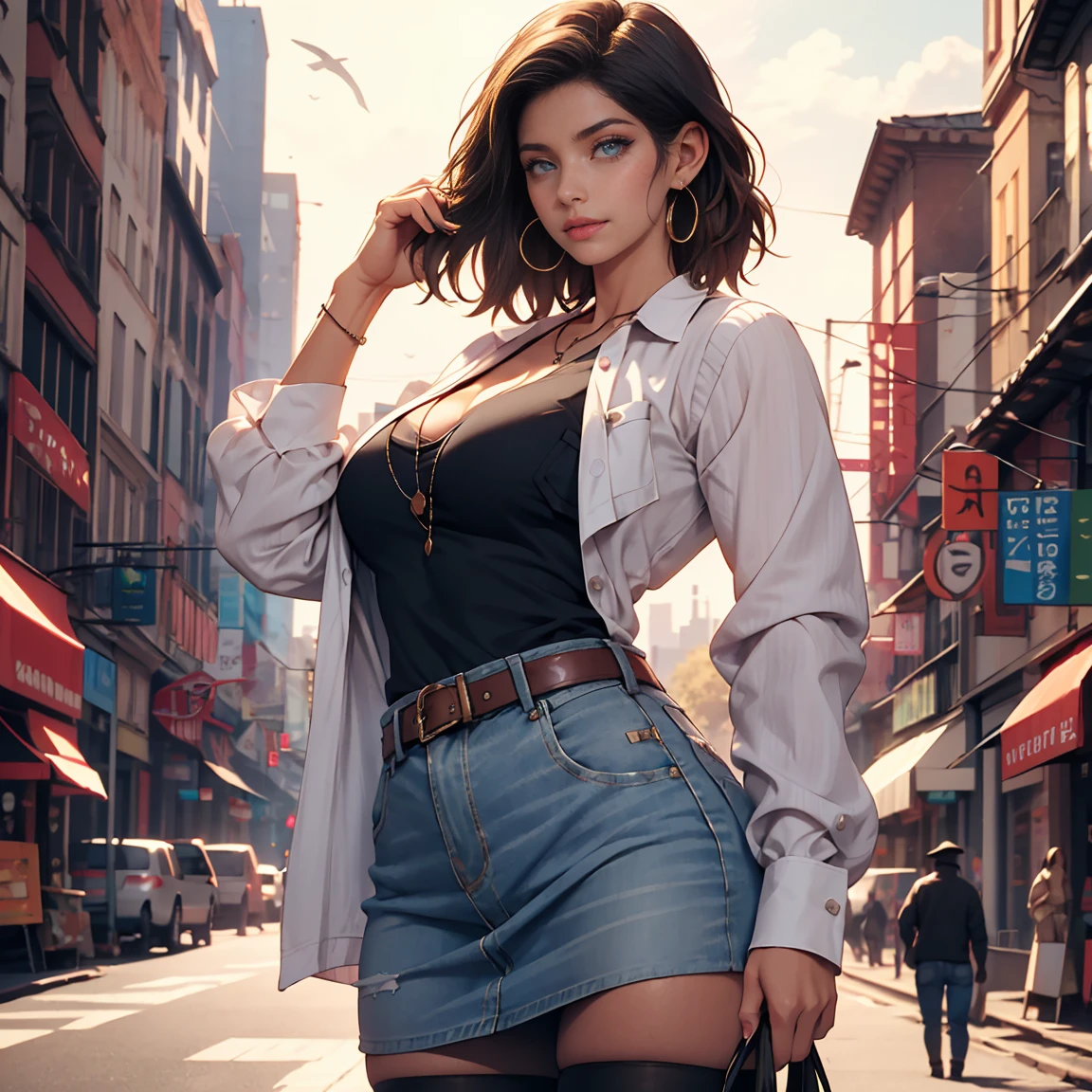 Pretty Caucasian (female), Sarah Shahi, a slim but muscular bodyhoop earrings, short hair, earrings, break belt, black legwear, black shirt, breast pocket, cleavage, clavicle, denim, denim skirt, high-waist skirt, jewelry, long sleeve, pocket, shirt, shirt tucked in, sexy short skirt, exposed thighs, striped, striped sleeves, waistcoat,, break outdoors, city, null, cloud, sun, break looking at viewer, (cowboy shot:1.5), break (masterpiece:1.2), highest quality, High resolution, unity 8k wallpaper, (figure:0.8), (beautiful and fine eyes:1.6), highly detailed face, perfect lighting, Very detailed CG, (perfect hands, perfect anatomy)