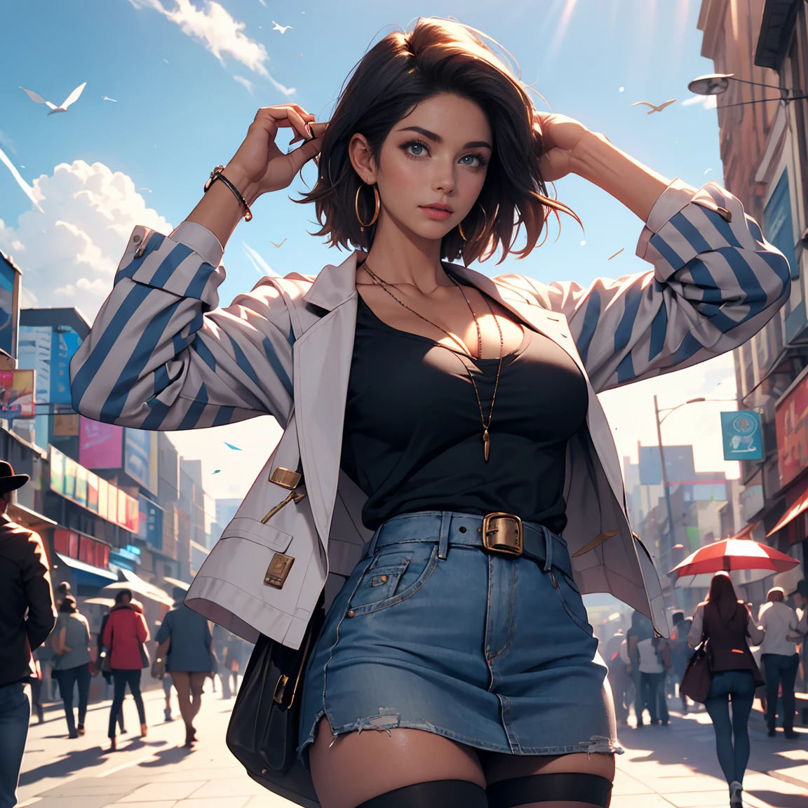 Pretty Caucasian (female), Sarah Shahi, a slim but muscular bodyhoop earrings, short hair, earrings, break belt, black legwear, black shirt, breast pocket, cleavage, clavicle, denim, denim skirt, high-waist skirt, jewelry, long sleeve, pocket, shirt, shirt tucked in, sexy short skirt, exposed thighs, striped, striped sleeves, waistcoat,, break outdoors, city, null, cloud, sun, break looking at viewer, (cowboy shot:1.5), break (masterpiece:1.2), highest quality, High resolution, unity 8k wallpaper, (figure:0.8), (beautiful and fine eyes:1.6), highly detailed face, perfect lighting, Very detailed CG, (perfect hands, perfect anatomy)