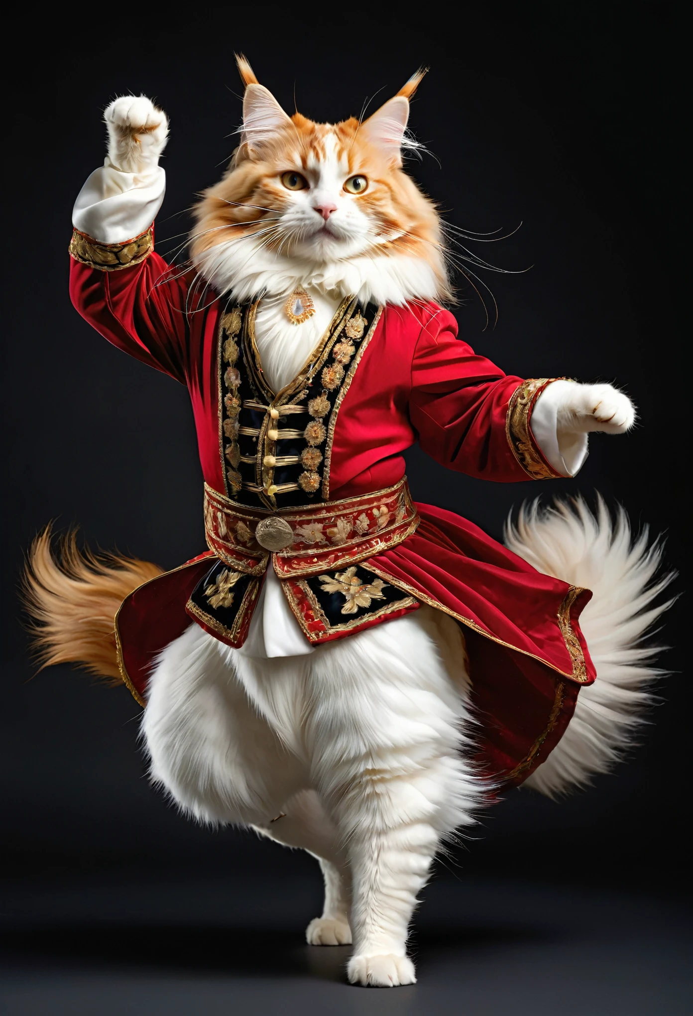 photorealistic portrait of Dressed animals - a chubby long-haired ginger and white Maine Coon cat, dancer,(cossack dancing dynamic action pose), high quality,(lovely) ,intricate details, highly detailed ((cossack dance costume)) ,highly detailed decorations,, (happy), studio lighting,(full body image:1.5)