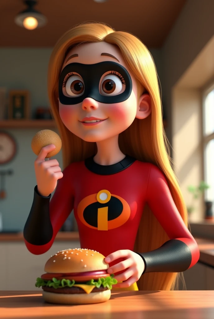 long haired hat, 20 years young, dressed as The Incredibles eating preparing the burger 3D character rendering, cartoon character, Character from The Incredibles, character posing, (Pixar-style) (best qualityer) (skin detailed) (detailed texture) (8k) (Argilla) (cinematic lighting) (sharp focus