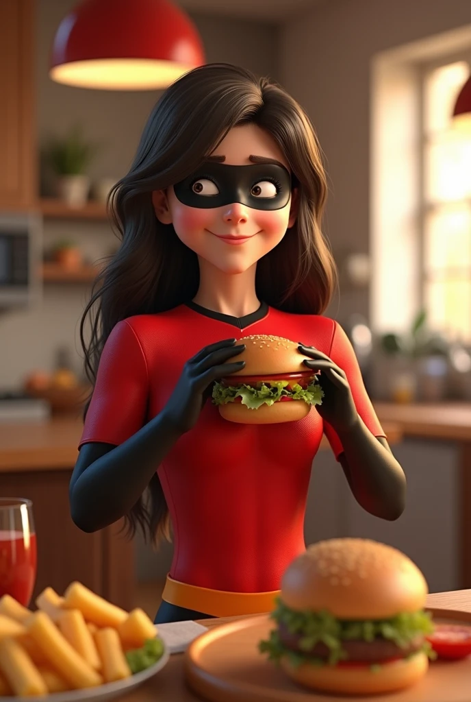 long haired hat, 20 years young, dressed as The Incredibles eating preparing the burger 3D character rendering, cartoon character, Character from The Incredibles, character posing, (Pixar-style) (best qualityer) (skin detailed) (detailed texture) (8k) (Argilla) (cinematic lighting) (sharp focus