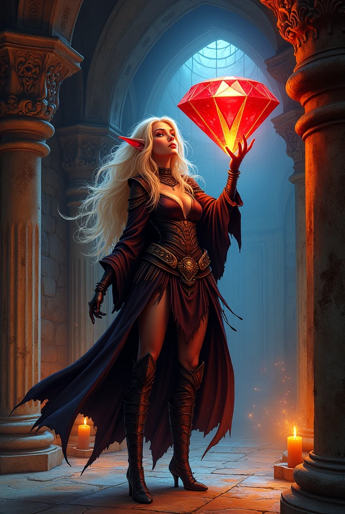 a fantasy epic illustration ((Larry Elmore style: 1.5)) of a drow elf thief holding a large diamond in a vault, a female drow  elf thief, full body, small pointy ears, dynamic hair color, dynamic hair style,  ultra detailed face, high heel boots, she is happy for reaching her goal, success, holding a large sized (red diamond: 1.3), brilliant diamond, many facets, many colors diamond, fantasy safe vault background, torchlight, vibrant, Ultra-high resolution, High Contrast, (masterpiece:1.5), highest quality, Best aesthetics), best details, best quality, highres, 16k, [ultra detailed], masterpiece, best quality, (extremely detailed) RAW, (ultra details, Masterpiece, best quality), diamondWM, Cinematic Shot