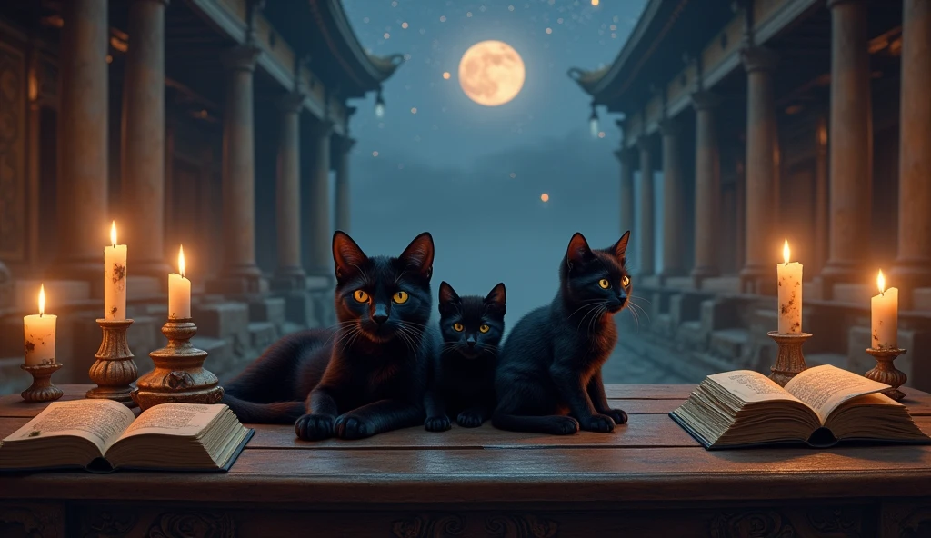 Give me a black cat with 2 kittens on the table with 2 candles and books in an ancient Asian temple and a starry sky with a beautiful moon