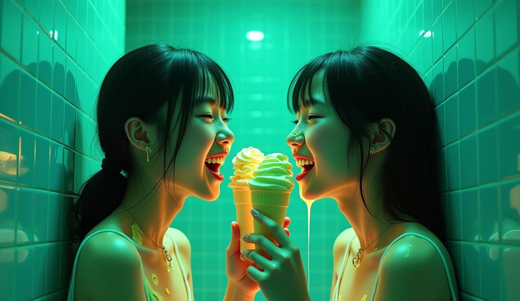 pretty Japanese teenager spitting vanilla ice cream all over her twin sister's face, melted ice cream splattered all over face and hair, photorealistic, green lights, blue bathroom tile, laughing, vivid lurid lighting, 