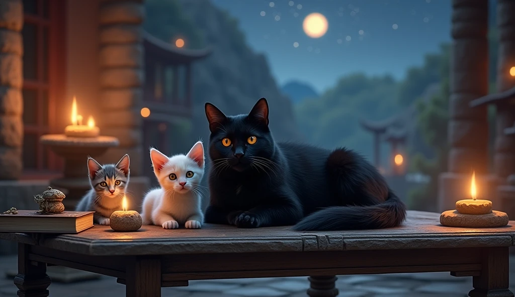 Give me a black cat with 2 kittens on the table with 2 candles and books in an ancient Asian temple and a starry sky with a beautiful moon