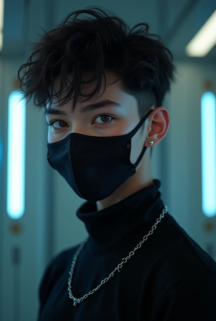 Creat ultra realistic picture where a teen boy He wears a black shirt And a face mask his look is so attractive and handsome his eyes style is cat eyes style. the background feature is Cyber style area and wall