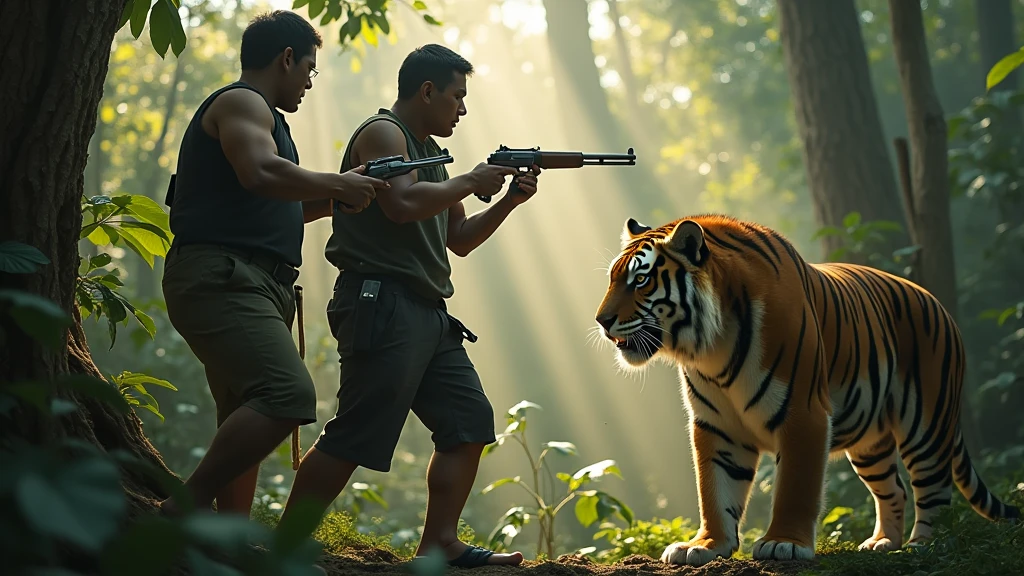  Two Indonesian hunters with guns stand in a tree staring under the mail, an Indonesian man in the shape of a tiger stands under a tree 8k