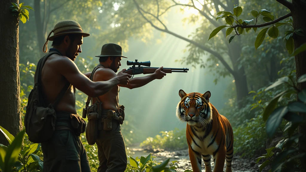 Two Indonesian hunters with guns stand in a tree staring at an Indonesian man in the form of a tiger standing under a tree 8k  