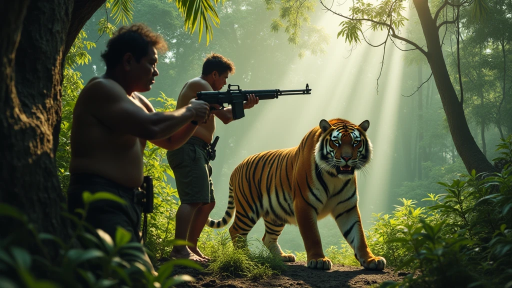 Two Indonesian hunters with guns stand in a tree staring at an Indonesian man in the form of a tiger standing under a tree 8k