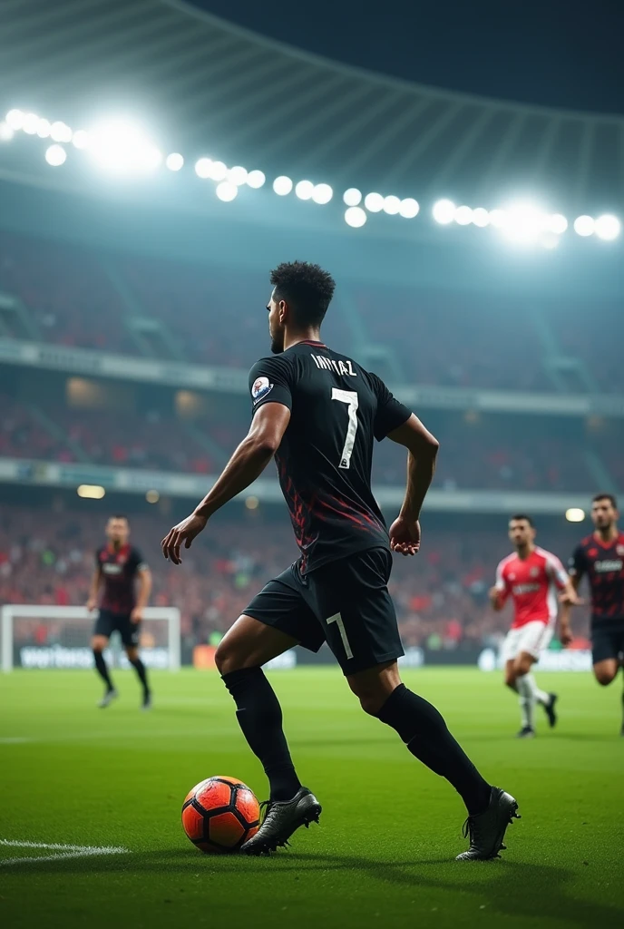 A man playing football in stadium with other players the man wearing black gersy no.7 named Imtiyaz showing his back