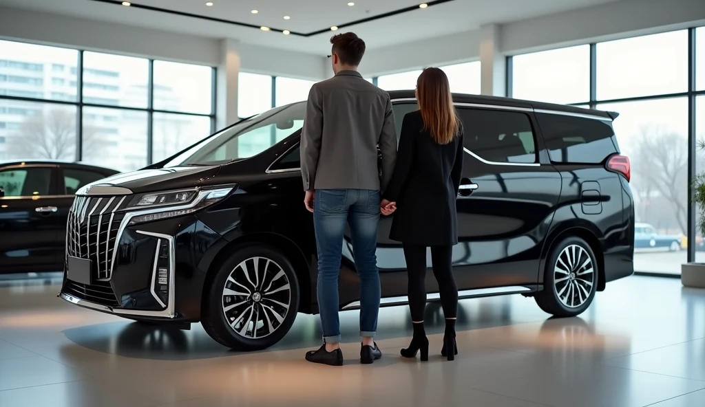 A married couple stands with their backs to the camera next to a black luxury Voyah minivan in a car showroom, full body