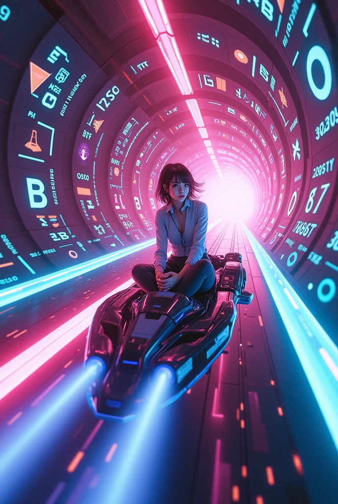Japanese anime style,Term Machine,Woman riding on a flying carpet,Cryptocurrencyのトンネルを飛んでいる,Speed,intense,Neon lit tunnel,Cryptocurrency,Bitcoin,Altcoins,Crypt,Traveling to the past,8k