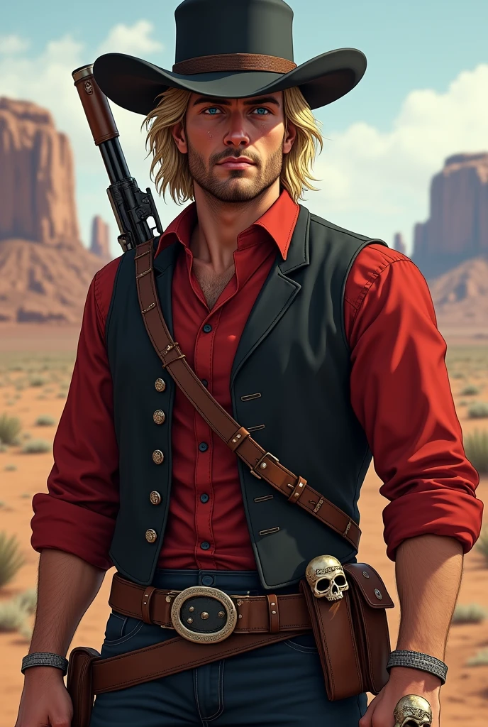 Cowboy bem bonito, 30years, living in 1901, old american west, blonde medium hair, barba mediana, blue colored eyes, small scar on left eye, brave face, red blouse, black vest, black cowboy hat, skull rings, double shoulder bag with cartridges, coldre com revolver, carries a repeater on his back, bounty hunter biotype.