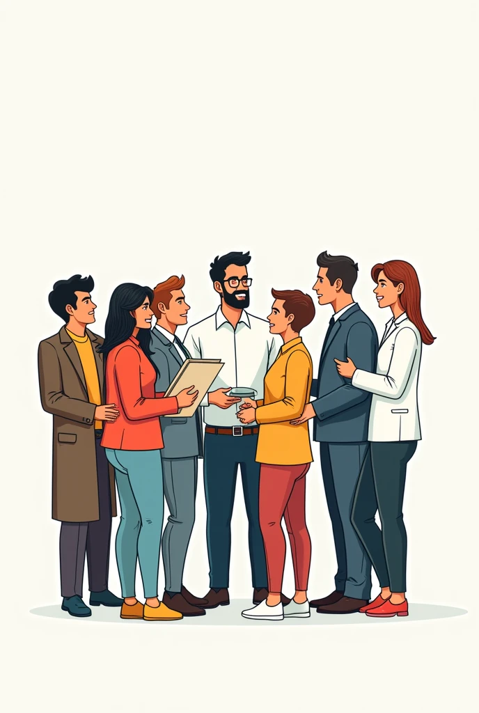 Create a very easy cartoon drawing of A large, diverse group of people working together, with the government person in the center. Without color and easy to draw better easier