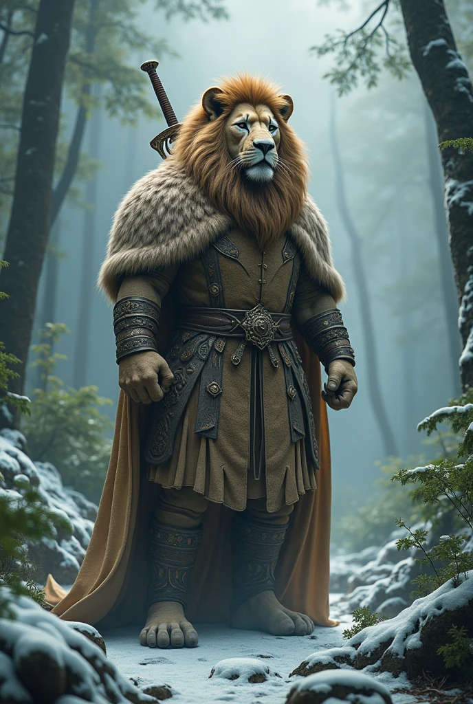 (photorealism:1.2), beautiful lion standing on his leg and wearing furry clothes and hold a sword in his hand at his shoulders in the jungle in front of animal with snow and fog