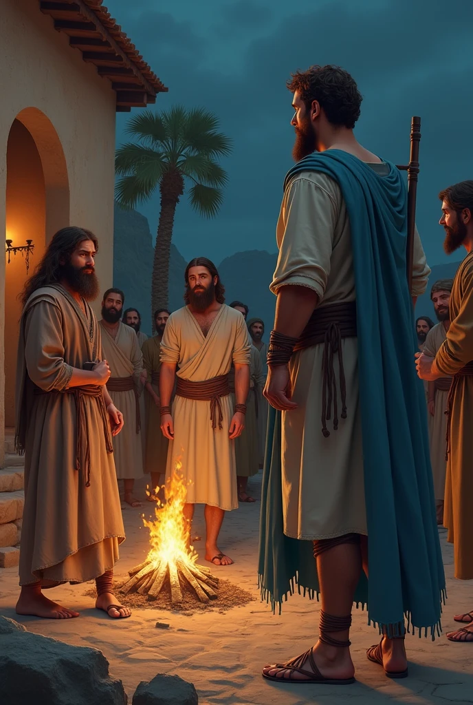 A Caucasian man with a beard and brown hair, thesis clara, bone-colored tunic dress with elbow-length sleeves, short brown skirt, simple leather belt at the waist, sandals with strings up to the shins, sky blue cloak, while standing outside a 1st century Jewish mansion, at night, where there is a campfire, He and other people watch as a group of Jews take a man with a beard and long hair out of the house, straight nose, Jewish eyes and a light bone-colored tunic, with hands tied