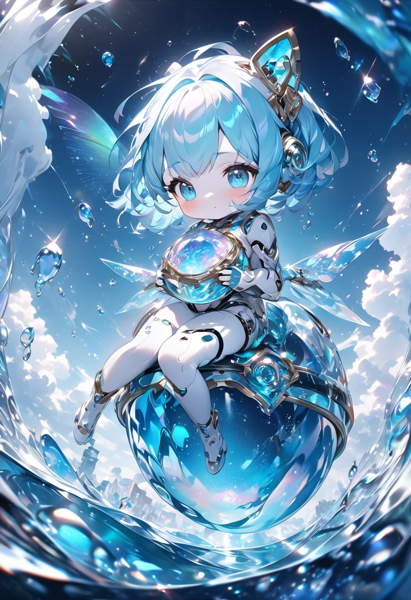 conceptual installation fantasy art, cute chibi animal-based android cyborg trapped in a falling ice drop, background iridescent metallic Tiffany Blue, (ultra detailed, absolutely resolution, best quality:1.3), 2.5D, delicate and dynamic effects, glitter effects, artistic photography, hyper realistic, graphic CG digital art