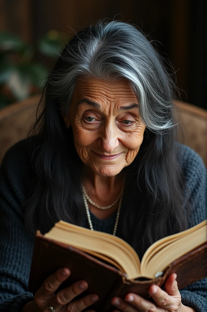 80 year old woman with dark skin, thin, straight voluminous black hair with silver gray hair black eyes who is happy and reading the Bible 