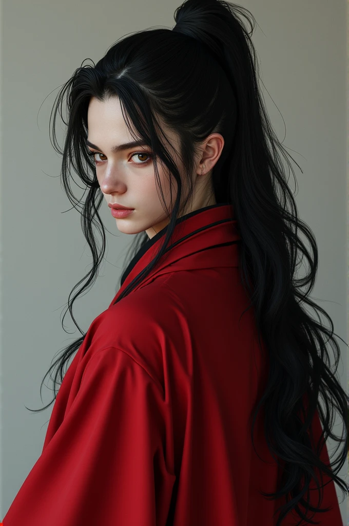 Long black hair, half tied up, natural loose bangs, wearing red costume, male beautiful