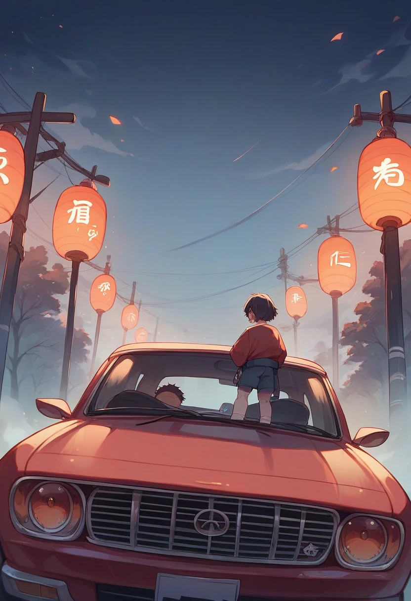 Red car in japan with red and blue light and fog in night