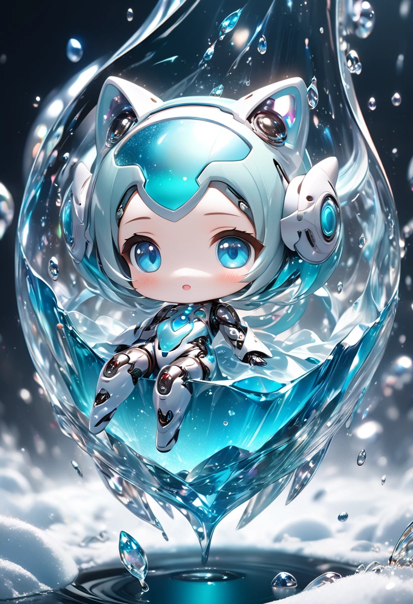 conceptual installation fantasy art, cute chibi animal-based android cyborg trapped in a falling ice drop, background iridescent metallic Tiffany Blue, (ultra detailed, absolutely resolution, best quality:1.3), 2.5D, delicate and dynamic effects, glitter effects, artistic photography, hyper realistic, graphic CG digital art