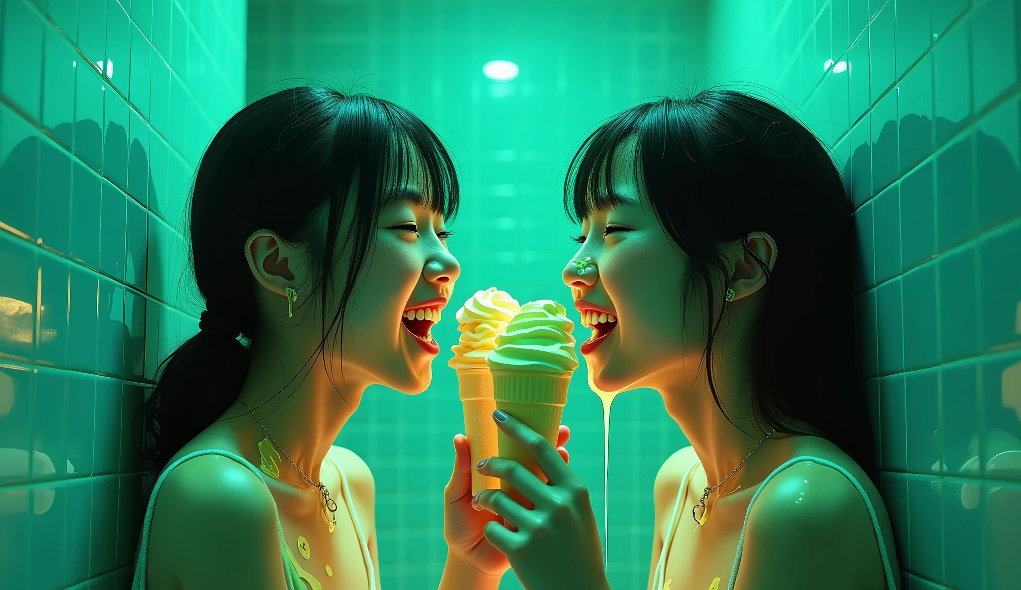 pretty Japanese ager spitting vanilla ice cream all over her twin sister's face, melted ice cream splattered all over face and hair, photorealistic, green lights, blue bathroom tile, laughing, vivid lurid lighting,