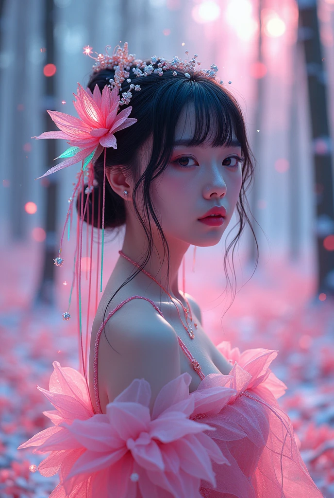 Japanese beauty killer、(Fluorescent Color:1.4)、(translucent:1.4)、(Retro filter:1.4)、(fantasy:1.4)、Candy world Disney fantasy fluffy soft scenery forest snow avatar pink sky green blue glow dreamy lights soft soft glow rainbow stars diamond glitter gem background surreal ultra hd movie lighting huge details full hd full light、