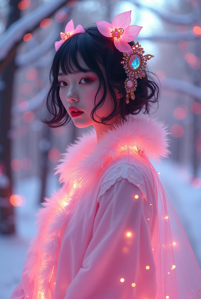 Japanese beauty killer、(Fluorescent Color:1.4)、(translucent:1.4)、(Retro filter:1.4)、(fantasy:1.4)、Candy world Disney fantasy fluffy soft scenery forest snow avatar pink sky green blue glow dreamy lights soft soft glow rainbow stars diamond glitter gem background surreal ultra hd movie lighting huge details full hd full light、
