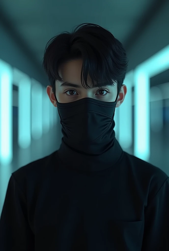 Creat ultra realistic picture where a teen boy He wears a black shirt And a face mask his look is so attractive and handsome his eyes style is cat eyes style. the background feature is Cyber style area and wall