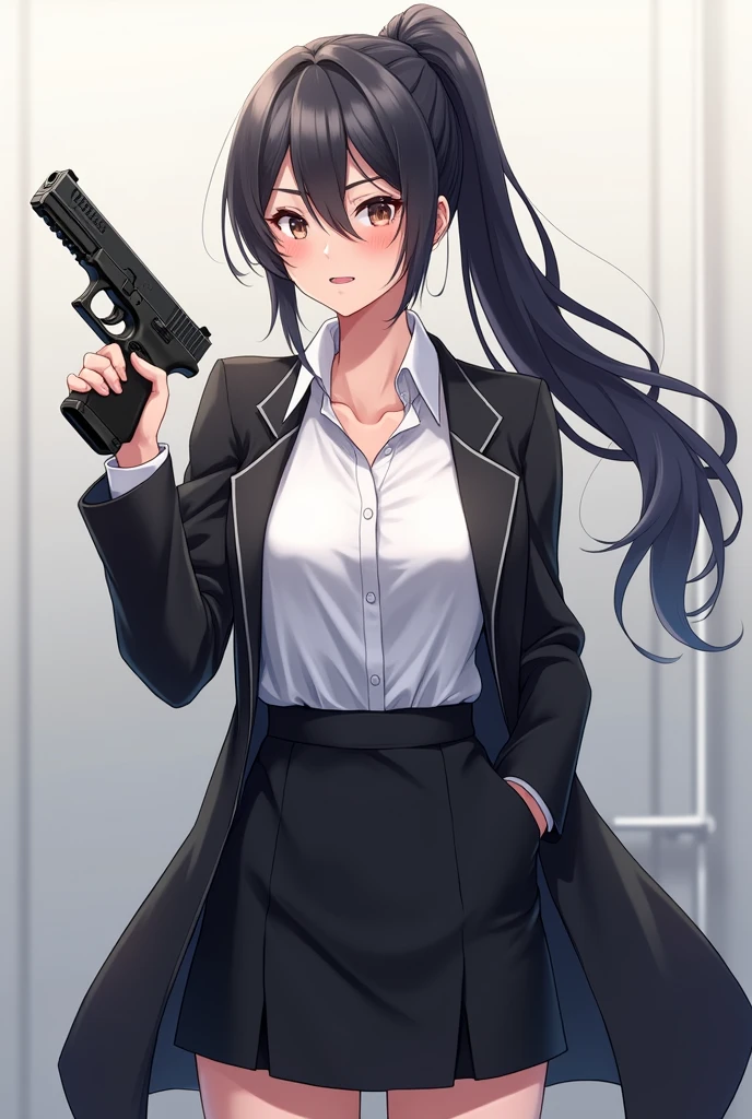 anime girl with ponytail forehead hair pulled back black hair:1.3, weating coat, office lady, holding glock with white shirt and black skirt standing badass, anime style, from girls frontline, fine details. girls frontline, girls frontline universe, girls frontline style, girls frontline, girls frontline cg, soft anime illustration, 2 0 2 2 anime style, 2022 anime style, pixiv contest winner, pretty anime character design, render of april