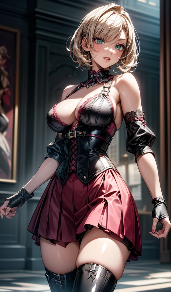 Masterpiece, Maximize highest quality:1.5, Maximum hyper beautiful and hyper realistic 3D digital illustrations:1.5, Hyper high power resolution, UHD, 16K, 1080p, Ultra hyper clear details, Smooth, soft and clearly and hyper realistic skin texture and hair texture:1.5, Hyper beautiful detailed eyes texture:1.5, Amazing dynamic movement:1.5, Beautiful backgrounds with depth of field, Hyper beautiful natural light, Rule of thirds, Maximize every effect and present it in the ultimate quality, 1woman, sexy, cool beauty, 25years old, beautiful face sharp, elegant mature woman, Ultimate perfect body style, beautiful big breasts, upturned breasts, beautiful green eyes, shiny blonde hair, short hair, Shag cut, (eyes visible through hair:1.3), glossy very thick lips, pink lipstick, smile:1.5, Wild maid outfit, dynamic pose, short leather skirt with lace trim, corset with metal studs, high boots with buckles, fingerless gloves, wild hairstyle, luxurious mansion parlor background,